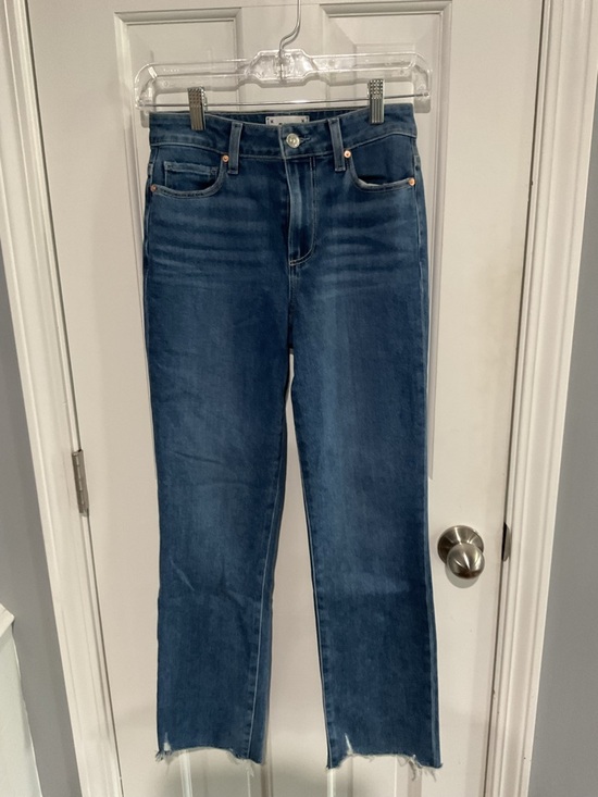PAIGE Denim - NWT PAIGE Cindy Bay Straight-Leg Jeans in Medium Blue Wash Destroyed Hem Size 24